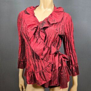 Vintage Satin Blouse Size L Witchy Whimsigoth Gothic Fairy Wine Red Ruffled Wrap